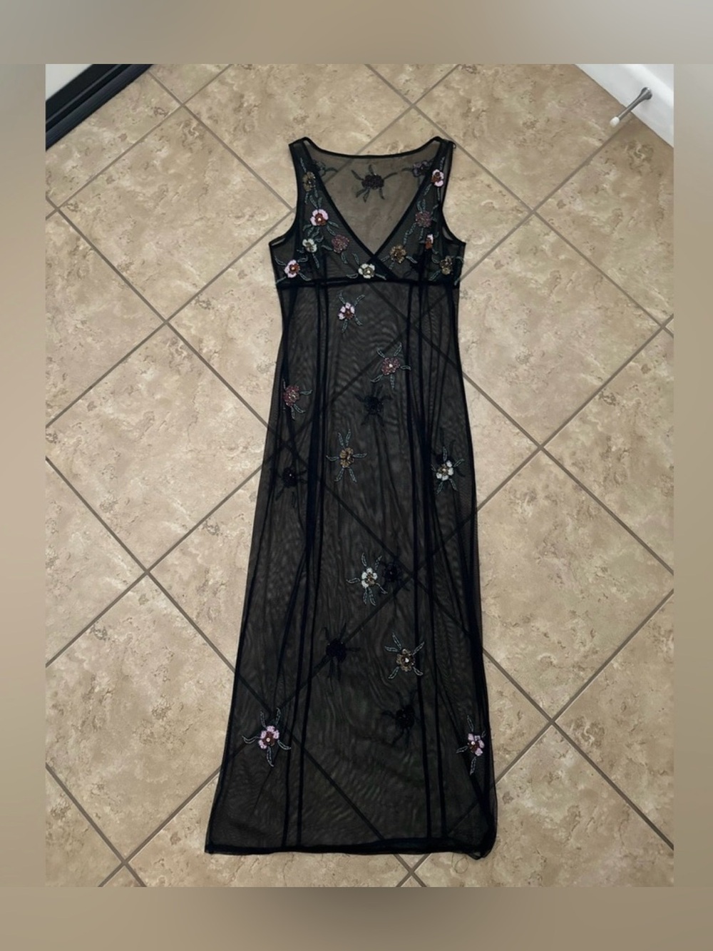 MESH BEADED FLORAL MAXI DRESS